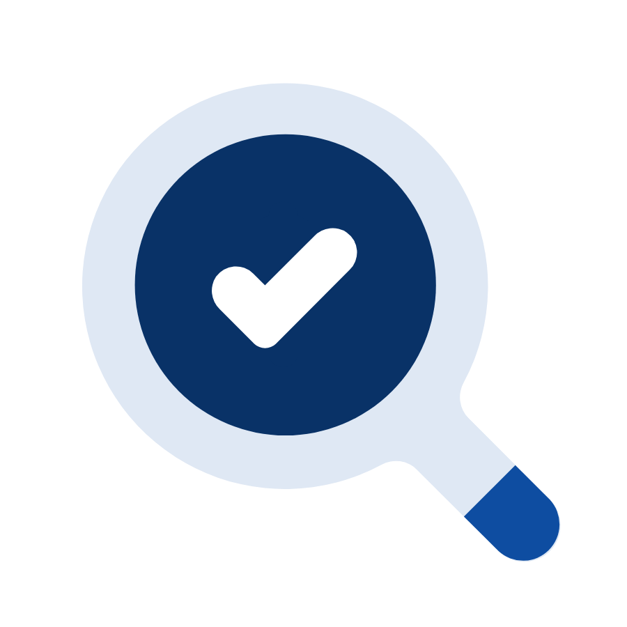 Icon showing magnifying glass and checkmark