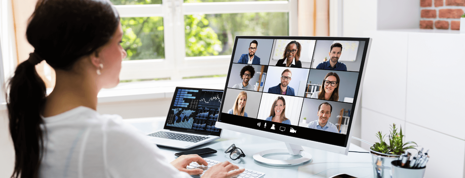 Woman working from home on Zoom call.