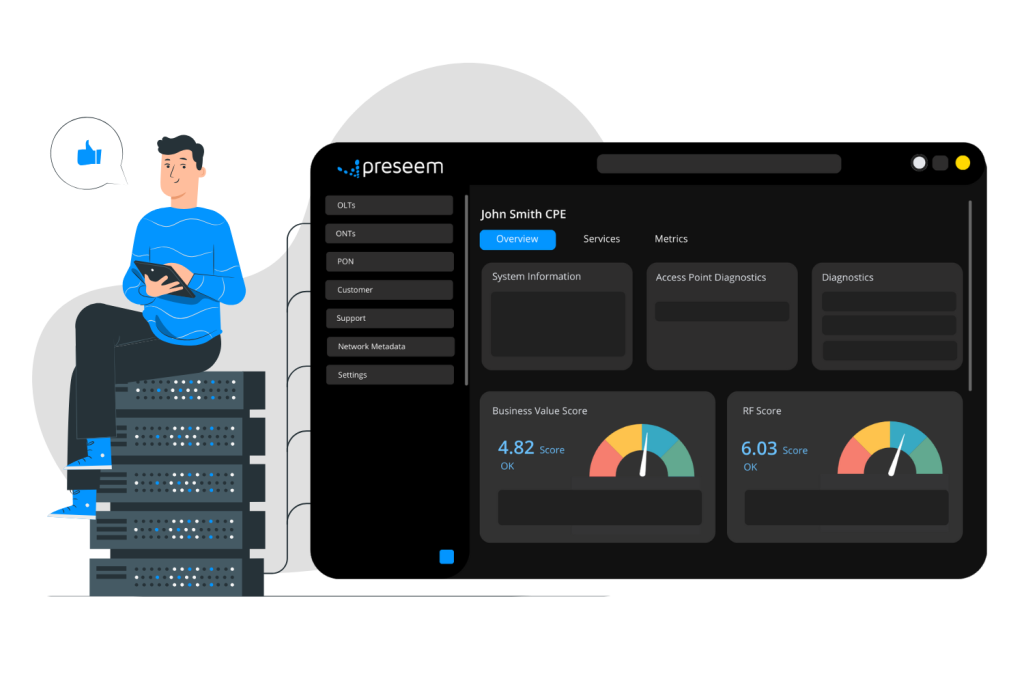 Screenshots of Preseem with cartoon figure holding laptop