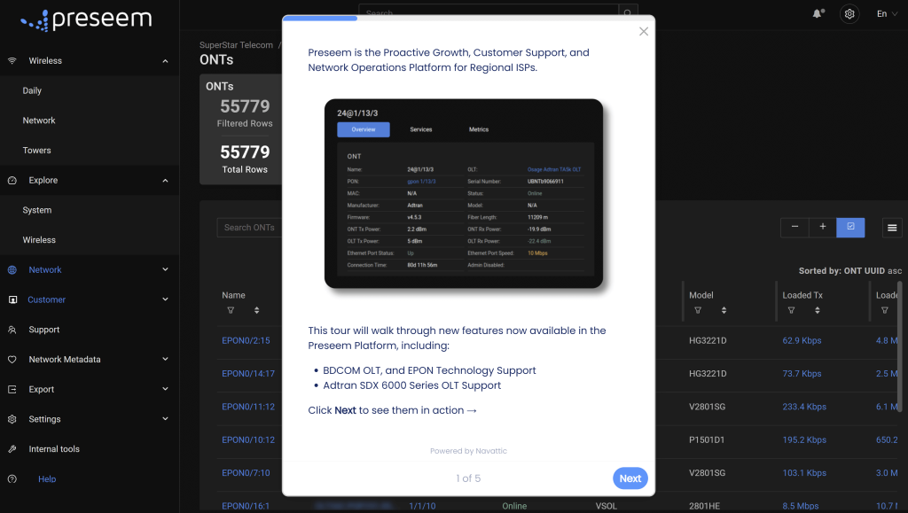 Screenshot of product tour for new fiber vendor support in Preseem