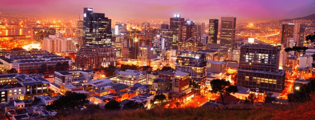 Aerial view of Cape Town, South Africa, at night.
