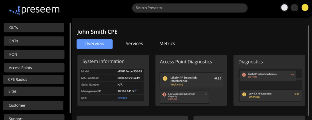 Screenshot of a typical subscriber page in Preseem