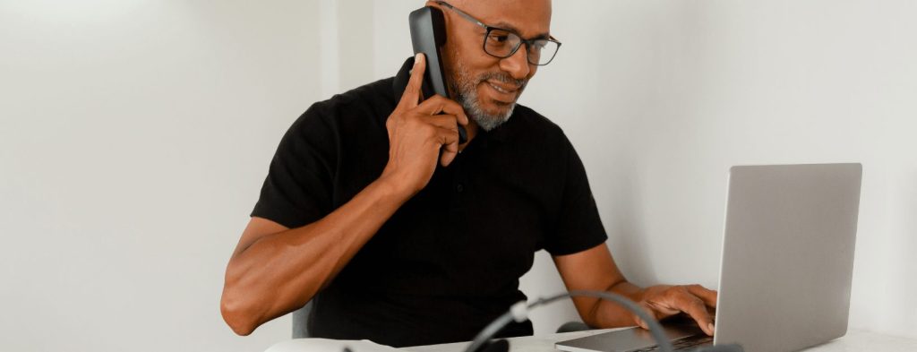 A customer support specialist is on a call